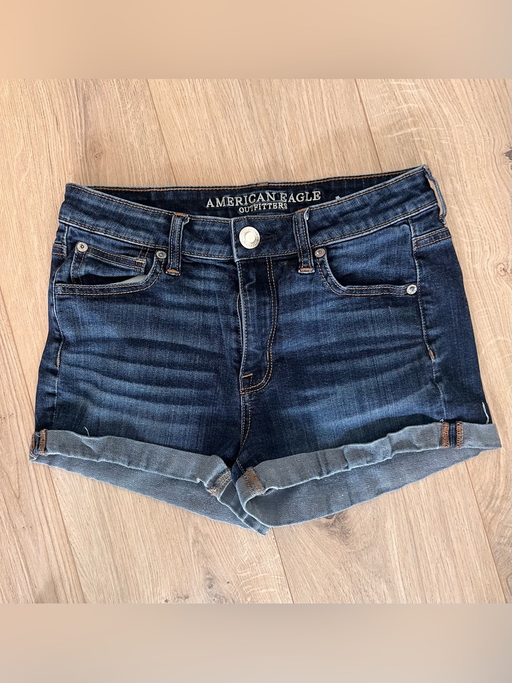 American Eagle Outfitters Dark Blue Denim Roll-Cuff Shorts